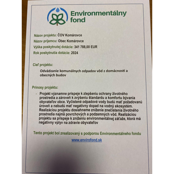 Info o projekte - Environmentálny fond - ČOV Komárovce 