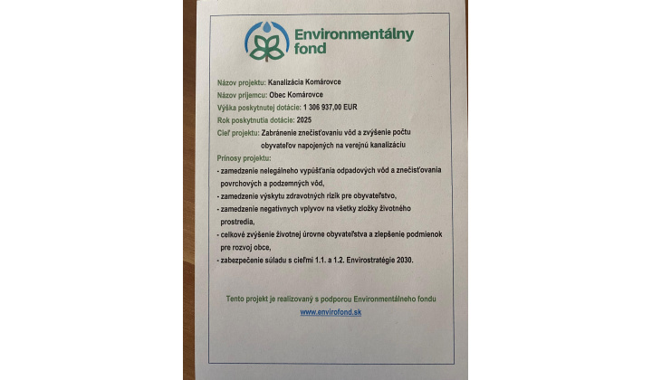 Info o projekte - Environmentálny fond- Kanalizácia Komárovce 