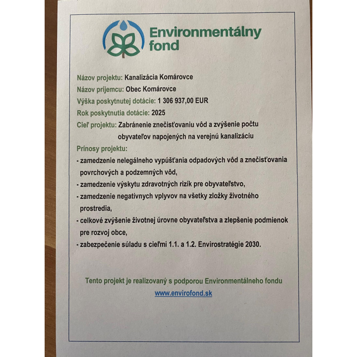 Info o projekte - Environmentálny fond- Kanalizácia Komárovce 